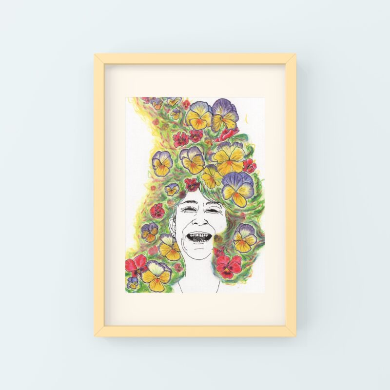 人物のお顔の周りにお花が華やかに描かれた原画作品の額装見本